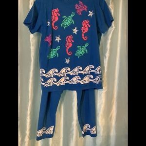 Comfy beach wear, 2 pcs. Set with turtles, waves